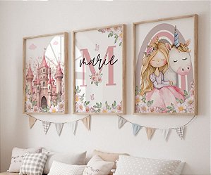 Kit 3 Quadros Unicórnio Princesa Personalizado com Nome Quarto Menina