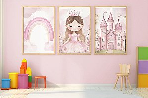Kit 3 Quadros Castelo Arco Íris Princesa Quarto Menina