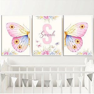 Kit 3 Quadros Borboletas Rosa Flores Personalizado com Nome