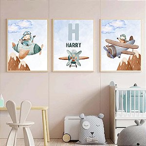 Kit 3 Quadros Menino Avião Personalizado com Nome