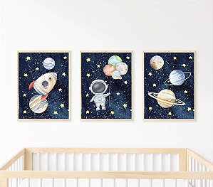 Kit 3 Quadros Astronauta Planetas Espaço Foguete