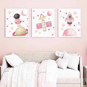 Kit 3 Quadros Astronauta Planetas Foguete Rosa