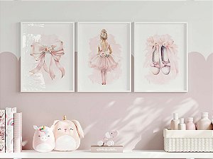 Kit 3 Quadros Bailarina Laço Sapatilha Rosa