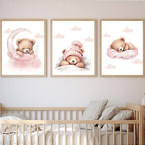 Kit 3 Quadros Ursinha Rosa Lua Dormindo