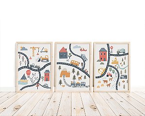 Kit 3 Quadros Estrada Carros Trem