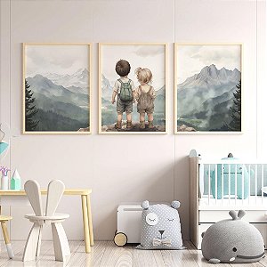 Kit 3 Quadros Menino e Menina Irmãos Montanha Aventuras