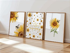 Kit 3 Quadros Girassol Abelha Bee Happy