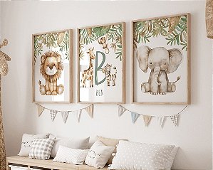 Kit 3 Quadros Animais Safari Leão Personalizado com Nome