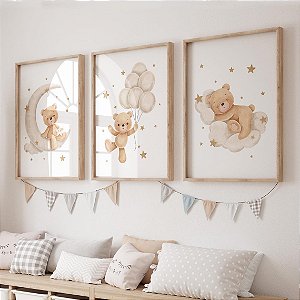 Kit 3 Quadros Ursinho Neutro Nuvem Lua Quarto Bebê Infantil