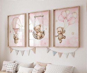 Kit 3 Quadros Ursinha Rosa Nuvem Lua Ursa Quarto Bebê Infantil
