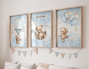 Kit 3 Quadros Ursinho Azul Nuvem Lua Urso Quarto Bebê Infantil