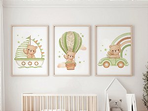 Kit 3 Quadros Ursinho Verde Navio Carro Balão Quarto Bebê Infantil