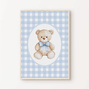 Quadro Ursinho Azul Xadrez Quarto Bebê Infantil