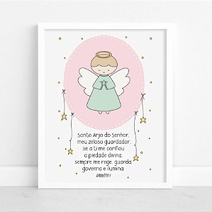 Quadro Oração Santo Anjo Anjinho Rosa Quarto Bebê Infantil