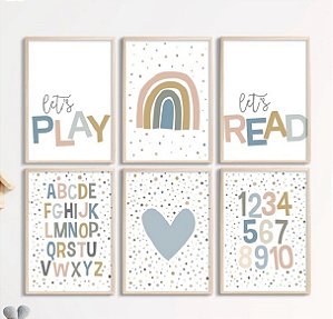 Kit 6 Quadros Alfabeto Números Arco-Íris Crianças Infantil Educativo