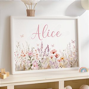 Quadro Flores Rosa Personalizado com Nome Quarto Bebê Maternidade