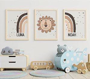 Kit 3 Quadros Leão Arco-Íris Irmãos Quarto Neutro Bebê Gêmeos
