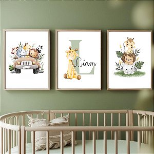 Kit 3 Quadros Animais Safari Verde Personalizado com Nome