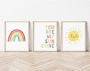 Kit 3 Quadros Arco Íris Sol Sunshine Quarto Criança
