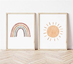 Kit 3 Quadros Arco Íris Sol Boho Quarto Bebê Criança