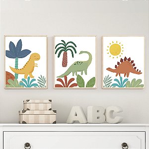 Kit 3 Quadros Dinossauros Coloridos Quarto Bebê Menino