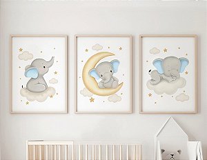 Kit 3 Quadros Elefante Lua Nuvem Dormindo Quarto Bebê Menino