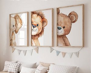 Kit 3 Quadros Animais Leão Espiando Metade Quarto Bebê