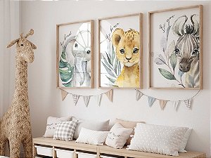 Kit 3 Quadros Animais Safari Quarto Bebê Infantil