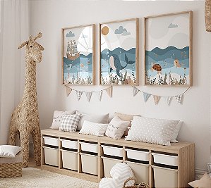 Kit 3 Quadros Fundo do Mar Peixes Baleia Quarto Bebê Infantil