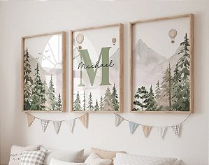 Kit 3 Quadros Floresta Montanhas Personalizado com Nome