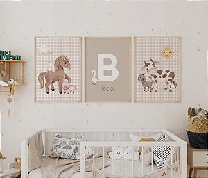 Kit 3 Quadros Fazendinha Animais Xadrez Personalizado com Nome