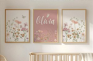Kit 3 Quadros Flores Rosa Borboleta Personalizado com Nome