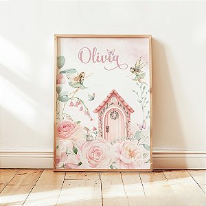 Quadro Fada Flores Borboleta Rosa Personalizado com Nome