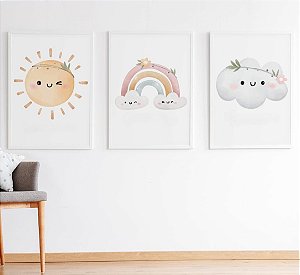 Kit 3 Quadros Sol Nuvem Arco-Íris Flores