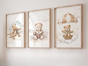 Kit 3 Quadros Ursinho Aviador Balão Lendo Neutro Quarto Bebê
