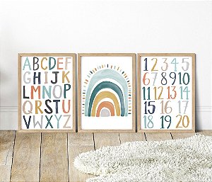 Kit 3 Quadros Números alfabeto Arco-Íris Azul Educativo