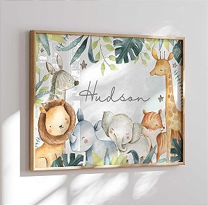 Quadro Safari Animais Personalizado com Nome Quarto Bebê