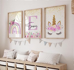 Kit 3 Quadros Unicórnio Arco-Íris Personalizado com Nome