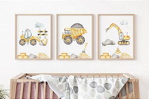 Kit 3 Quadros Caminhão Construção Quarto Menino