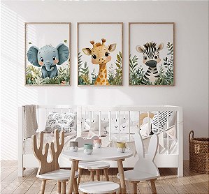 Kit 3 Quadros Animais Safari Girafa Elefante Zebra Quarto