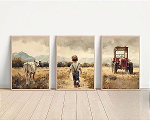 Kit 3 Quadros Fazenda Trator Menino Campo Quarto