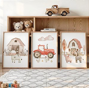 Kit 3 Quadros Fazendinha Animais Celeiro Trator Quarto