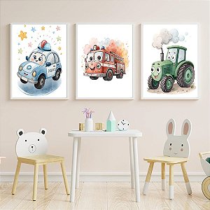 Kit 3 Quadros Carro Polícia Bombeiros Trator Quarto Menino