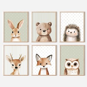 Kit 3 Quadros Animais Floresta Quarto Infantil