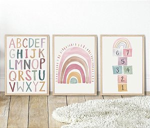 Kit 3 Quadros Números Alfabeto Arco-Íris Rosa Educativo