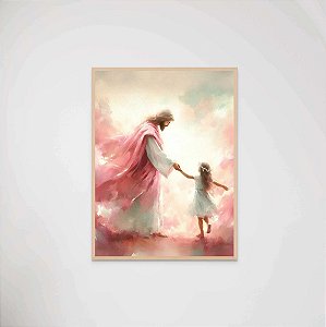 Quadro Decorativo Jesus e Menina Rosa Religioso