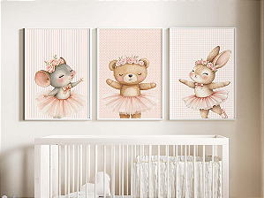 Kit 3 Quadros Bailarina Animais Ursinha Coelha Ratinha Quarto