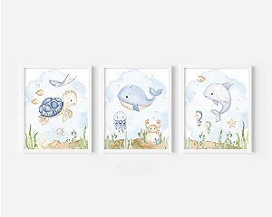 Kit 3 Quadros Fundo do Mar Peixes Quarto Bebê Menino