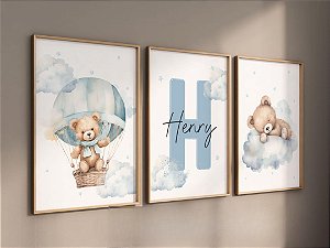 Kit 3 Quadros Ursinhos Balão Nuvem Personalizado com Nome Quarto Bebê