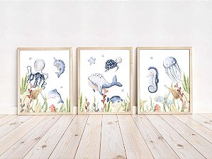 Kit 3 Quadros Fundo do Mar Tartaruga Baleia Polvo Peixe Quarto Menino